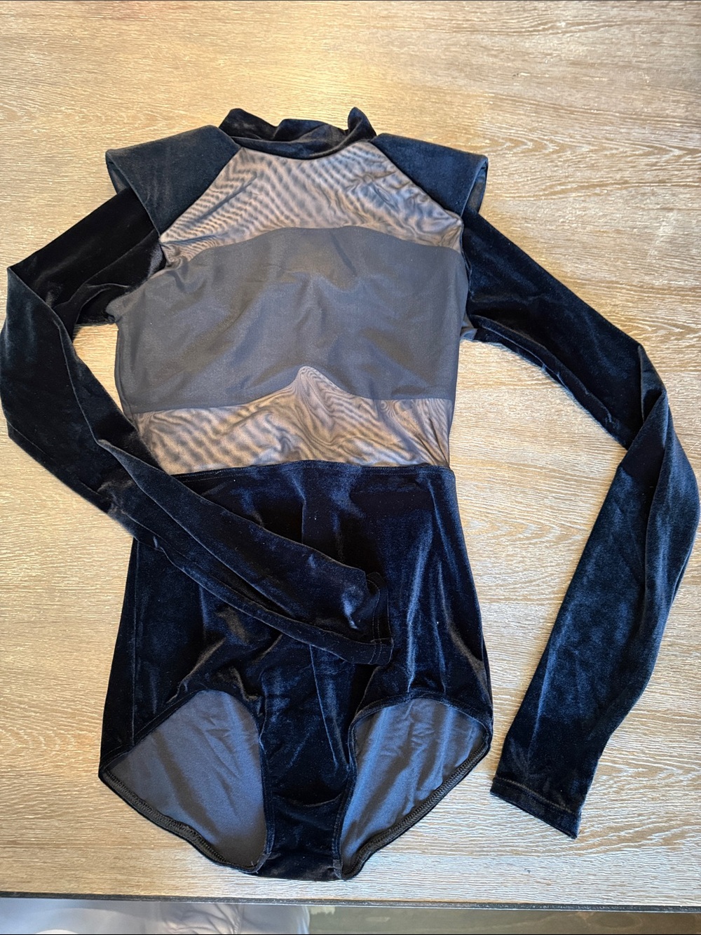 Weissman Black Velvet and Mesh Long-Sleeve Leotard